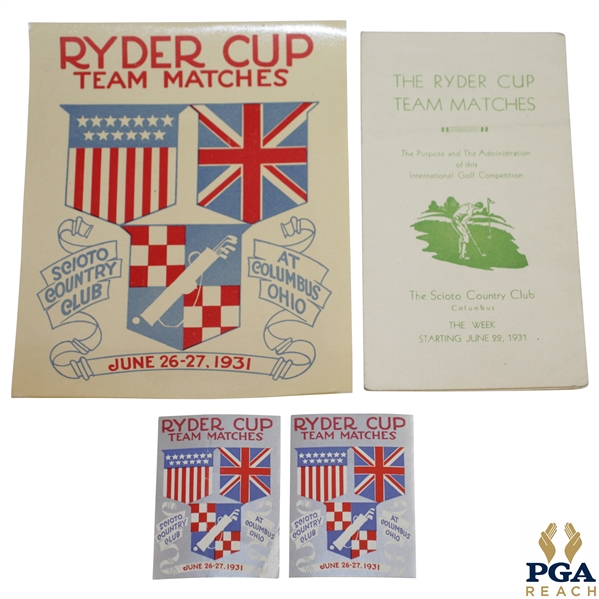 1931 Ryder Cup at Scioto Country Club Logo Sticker, Two Silver Logo Stickers, & Ryder Cup History Booklet