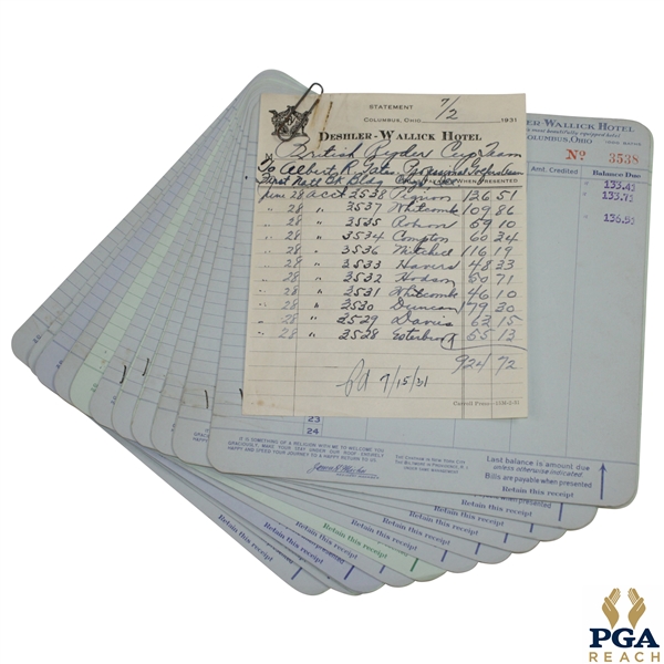 1931 British Ryder Cup Team Signed Hotel Room Service Receipts - Eleven JSA ALOA