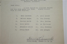 Harvey Penick Signed 1933 Ryder Cup Team Member Ballot - 12/29/32 JSA ALOA