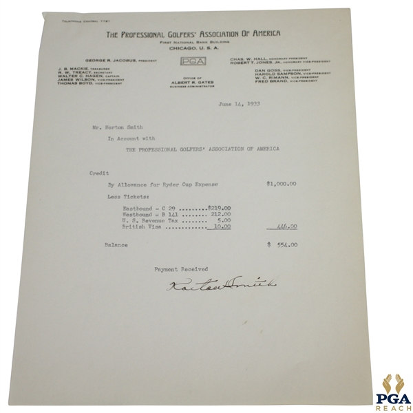 Horton Smith Signed 1933 Ryder Cup Expense Breakdown Sheet JSA ALOA