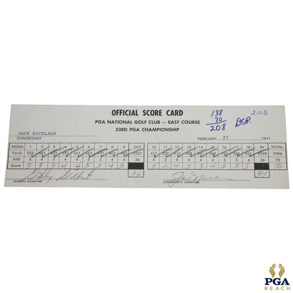 Jack Nicklaus Signed Official Used 1971 PGA Championship Saturday Scorecard - 9th of 18 Majors JSA ALOA