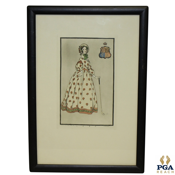1840 Woman And Club w/ Crest Print Circa 1955