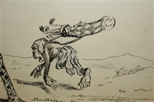 Circa 1901 Original Pen & Ink On Board Illustration of Ostrich, Snake & Monkey At 3rd Hole By J.S. Pughe