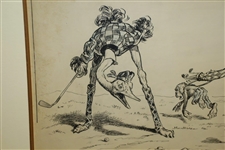 Circa 1901 Original Pen & Ink On Board Illustration of Ostrich, Snake & Monkey At 3rd Hole By J.S. Pughe