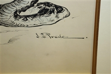 Circa 1901 Original Pen & Ink On Board Illustration of Ostrich, Snake & Monkey At 3rd Hole By J.S. Pughe