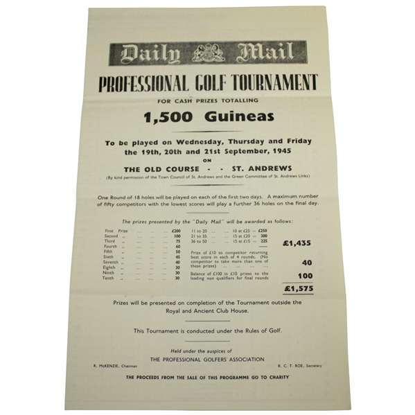 1945 Daily Mail Golf Tournament at Old Course St Andrews Advertising Flyer w/ Pairings