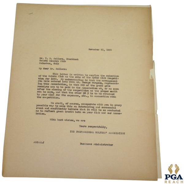 1930 Scioto Country Club Letter of Acceptance for 1931 Ryder Cup Matches Tournament