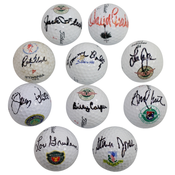Ten US Open Champions Signed Winning Course Logo Golf Balls JSA ALOA