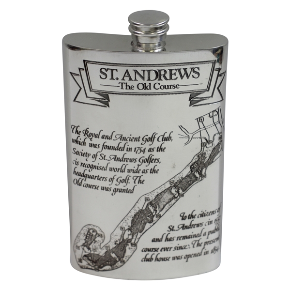 St. Andrews The Old Course Pewter Flask with Course Layout - Excellent Condition with Original Funnel & Box
