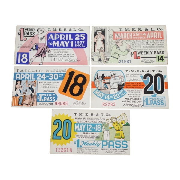 1936-1940 Colorful Golf Themed Milwaukee Railroad Tickets/Passes - Five