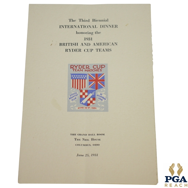 1931 Ryder Cup Team Matches at Scioto Country Club Dinner Menu - Great Condition