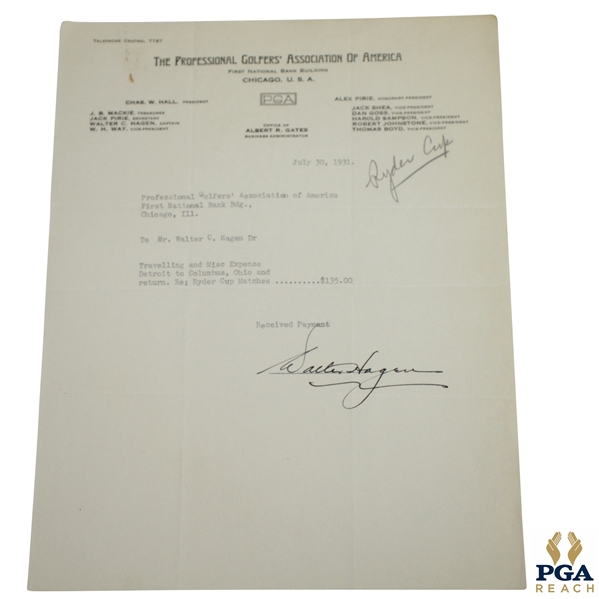 Walter Hagen Signed 1931 Ryder Cup Team Expenses Payment Reception JSA ALOA