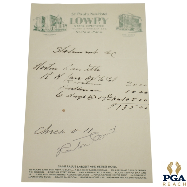 Horton Smith Signed Hotel Receipt from The Lowry St. Paul, Minn. JSA ALOA
