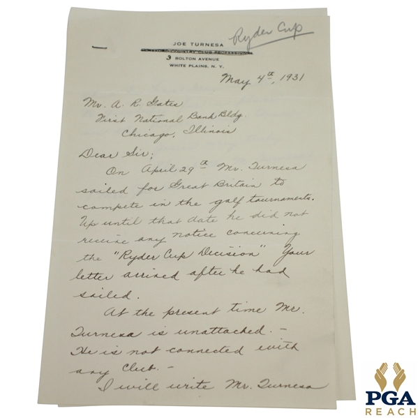 1931 Letter from Joe Turnesas Wife - Joe Is Unaware of Qualifying for Ryder Cup Decison