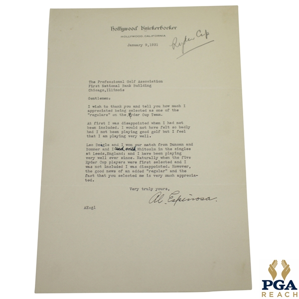 Al Espinosa Signed 1931 Ryder Cup Team Member Acceptance Letter JSA ALOA