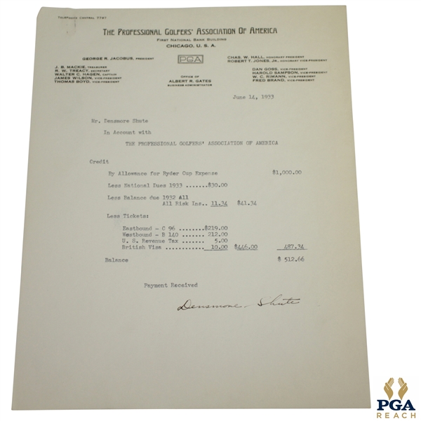 Denny Shute Signed 1933 Ryder Cup Expense Breakdown Sheet JSA ALOA