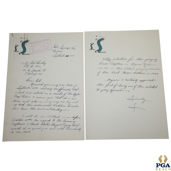 Sam Snead Signed Handwritten 1947 Ryder Cup Team Nomination Acceptance Letter JSA ALOA