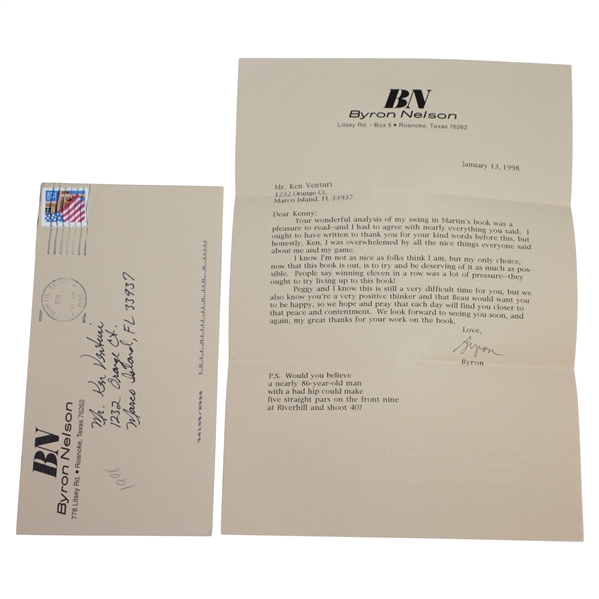 Byron Nelson Signed 1/13/98 Letter to Ken Venturi JSA ALOA