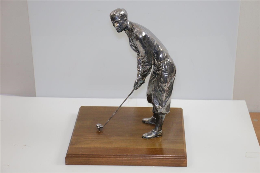 Large Silver Plated Golfer Figure Addressing Golf Ball on Wood Base - 14 Tall!