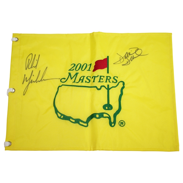 Ken Venturis Personal 2001 Masters Embroidered Flag Signed by Mickelson & Duval JSA ALOA