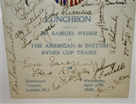 1929 Ryder Cup American & British Teams Signed Menu Including Samuel Ryder - Rare JSA ALOA
