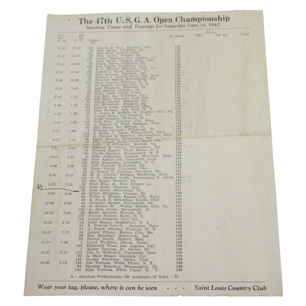 1947 US Open at Saint Louis Country Club Saturday Pairings Sheet  - Rod Munday Collection