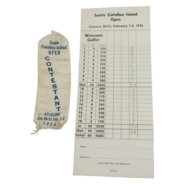 1936 Santa Catalina Island Open Contestant Ribbon with Scorecard  - Rod Munday Collection