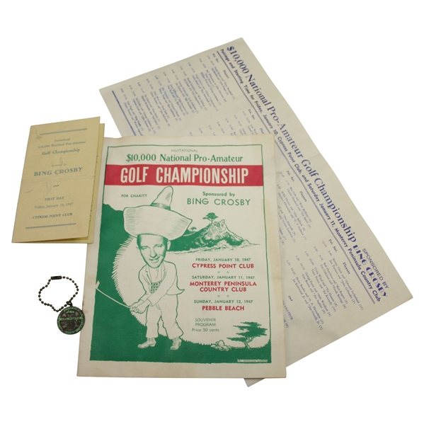 1947 Bing Crosby Pro-Am Program, Contestant Badge, Scorecard, & Pairing Sheet  - Rod Munday Collection