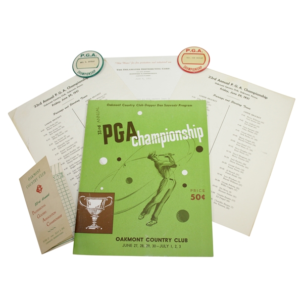 1951 PGA Championship at Oakmont Program, Pairing Sheets, Scorecard, & Guest Badges - Rod Munday Collection
