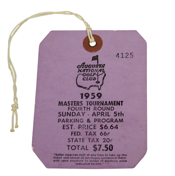 1959 Masters Tournament Fourth/Final Round Badge #4125 - Art Wall Winner