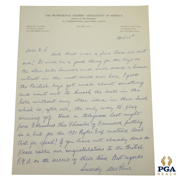 1931 Ryder Cup Hand-Written Correspondence Letter from PGA President Alex Pirie JSA ALOA