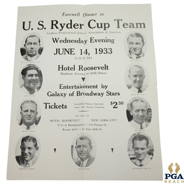 1933 U.S. Ryder Cup Team Farewell Dinner at Hotel Roosevelt Poster - June 14th