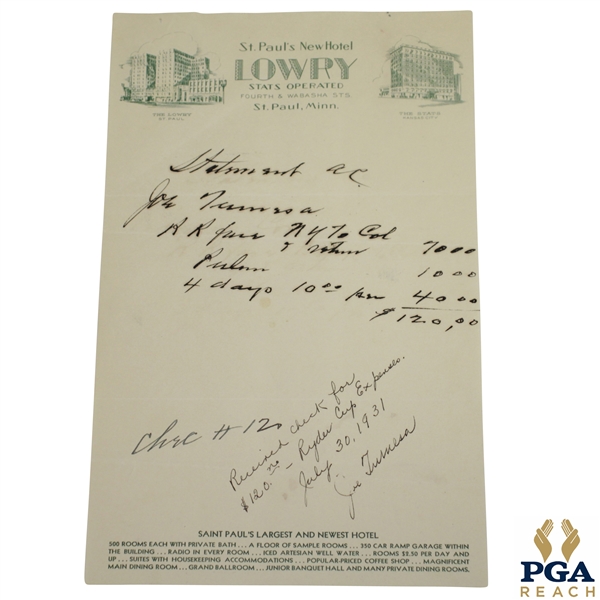 Joe Turnesa Signed Hotel Receipt from The Lowry St. Paul, Minn. JSA ALOA