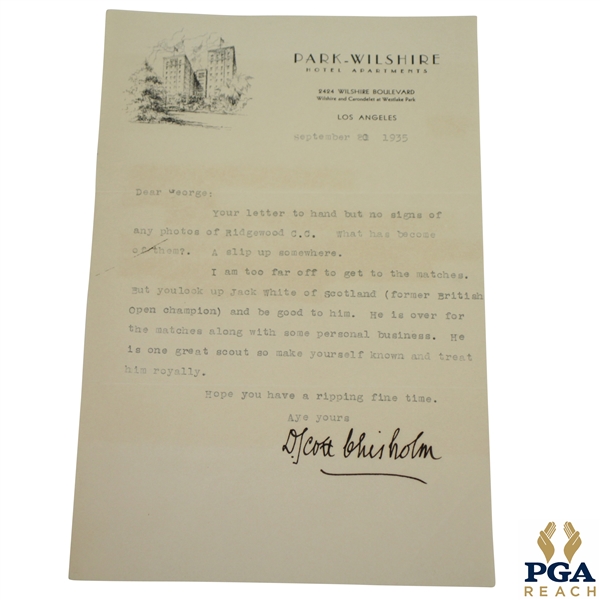 1935 Scott Crisholm Signed Letter from to PGAs Jacobus - Ryder Cup Scouting Content