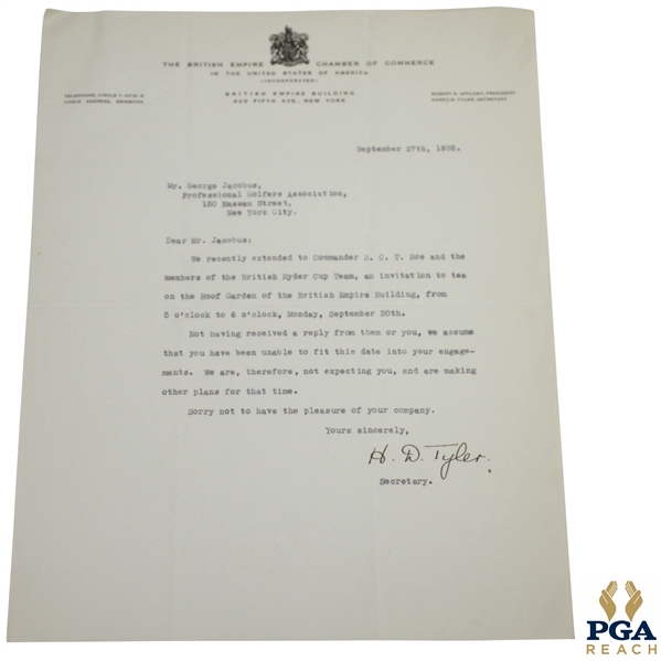 1935 British Empire Chamber of Commerce to PGAs Jacobus Inviting Teams to Lunch
