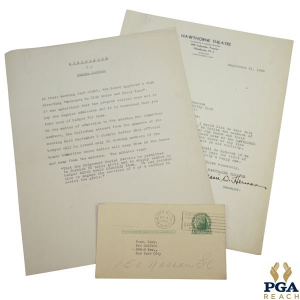 1935 The Ryder Cup at Ridgewood Program Sellers Admission Content - Memorandum to Jacobus