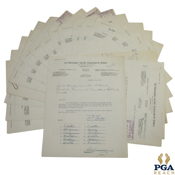 Twenty-One Signed PGA Sectional & Club 1933 U.S. Ryder Cup Team Member Ballots