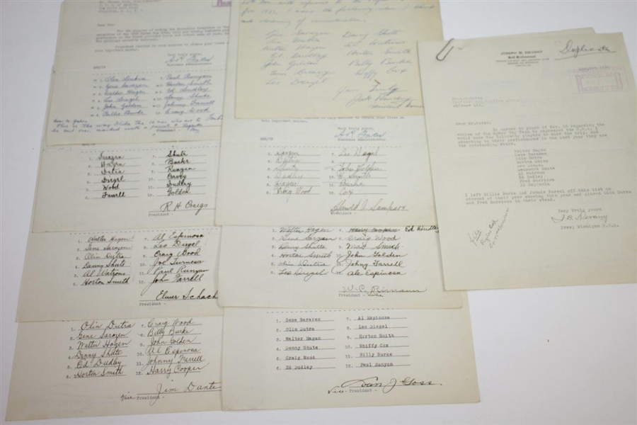 Twenty-One Signed PGA Sectional & Club 1933 U.S. Ryder Cup Team Member Ballots