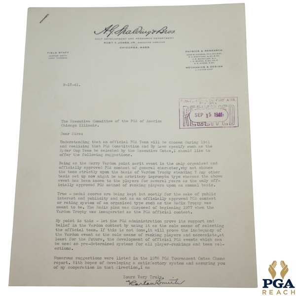 Horton Smith Signed 1941 Ryder Cup Team Nomination Proposal - Vardon Trophy JSA ALOA