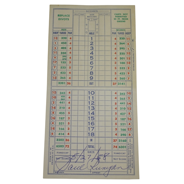 Paul Runyan Signed La Jolla Country Club Scorecard - Dated 5/27/58 JSA ALOA