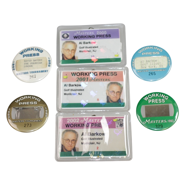 Seven Official Masters Tournament Press Badges - 1985, 1987, 1988, 1993, 2000, 2001, & 2002