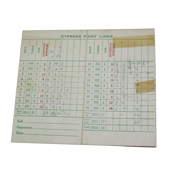 1960 Cypress Point Scorecard - Bing Crosby and Charley Penna Used