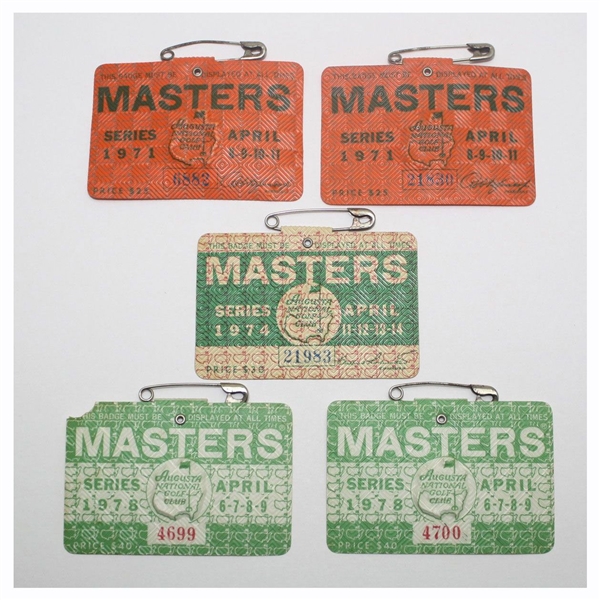 Five Masters Tournament Series Badges - 1971(x2), 1974, and 1978(x2)