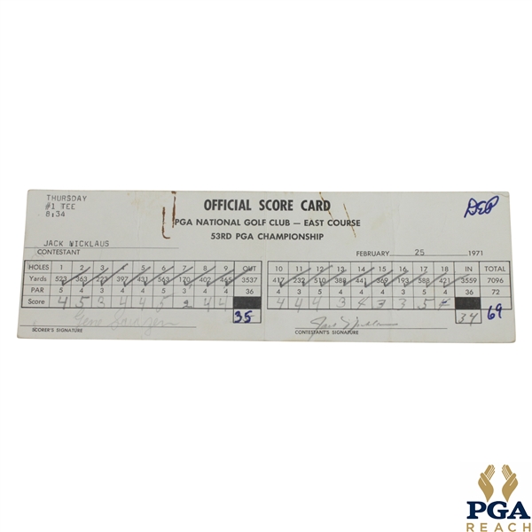 Jack Nicklaus Signed Official Used 1971 PGA Championship Thursday Scorecard - 9th of 18 Majors