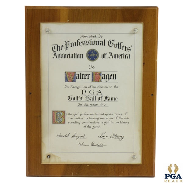 Walter Hagens 1940 PGA Golf Hall of Fame Induction Award - Original Charter Member!