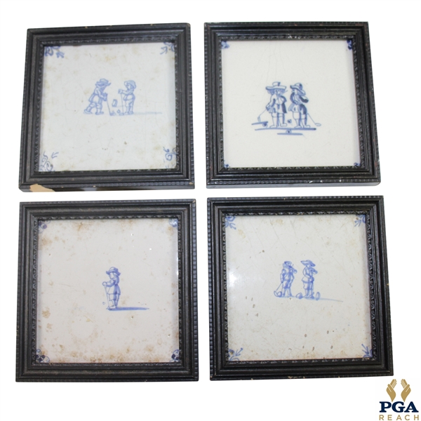 Four Delft Golf Decorated Porcelain Tiles with Black Frames