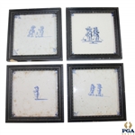 Four Delft Golf Decorated Porcelain Tiles with Black Frames