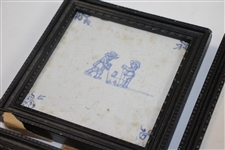 Four Delft Golf Decorated Porcelain Tiles with Black Frames