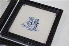 Four Delft Golf Decorated Porcelain Tiles with Black Frames