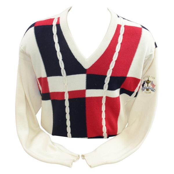Mark Calcavecchias 1991 Ryder Cup USA Team Issued Red/White/Blue Cashmere Sweater
